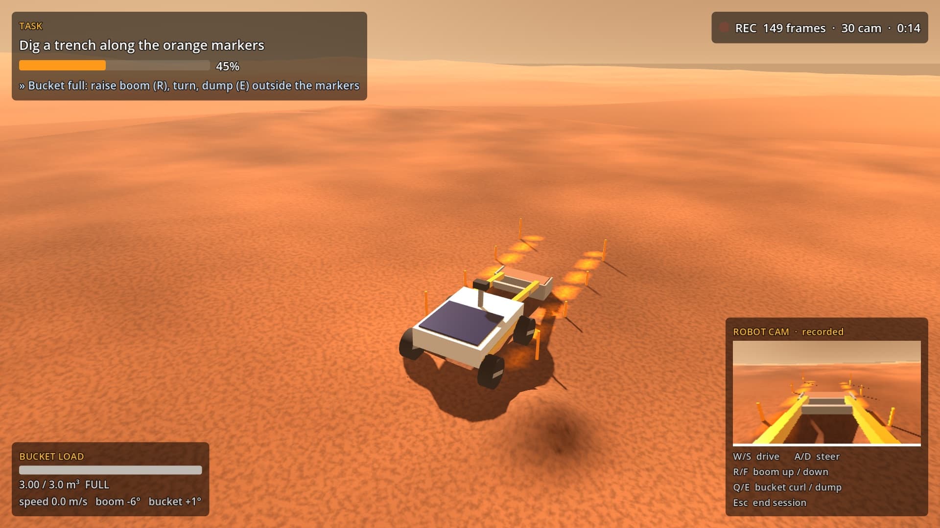 Excavator on Mars in Jezero Crater with a full bucket; robot camera shows the trench between the boom arms