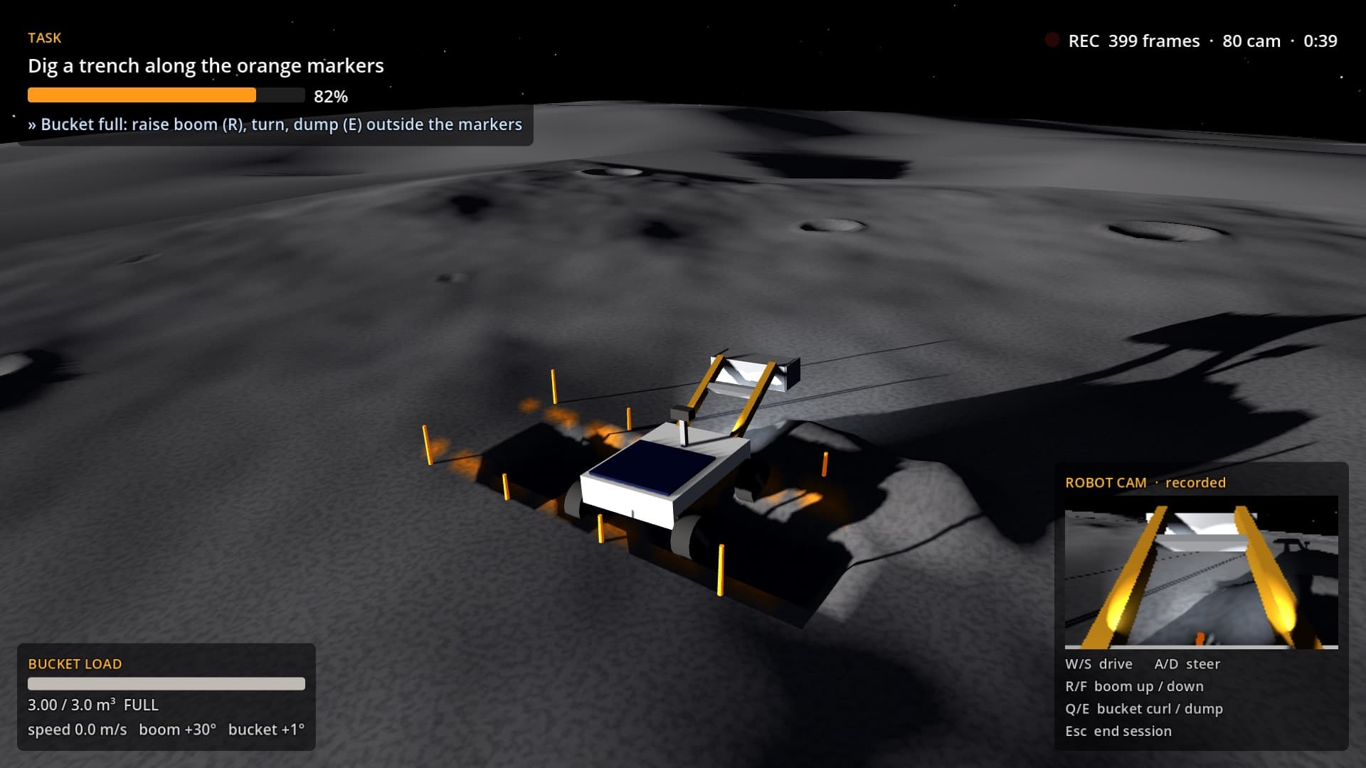 Excavator beside a dug trench and a spoil pile on the lunar south pole, lit by a low sun